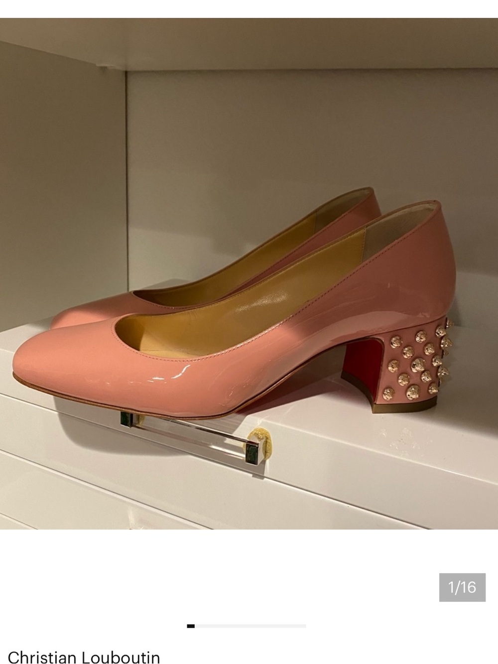 Christian Louboutin Pink Patent Leather Studded Block Heel Pumps